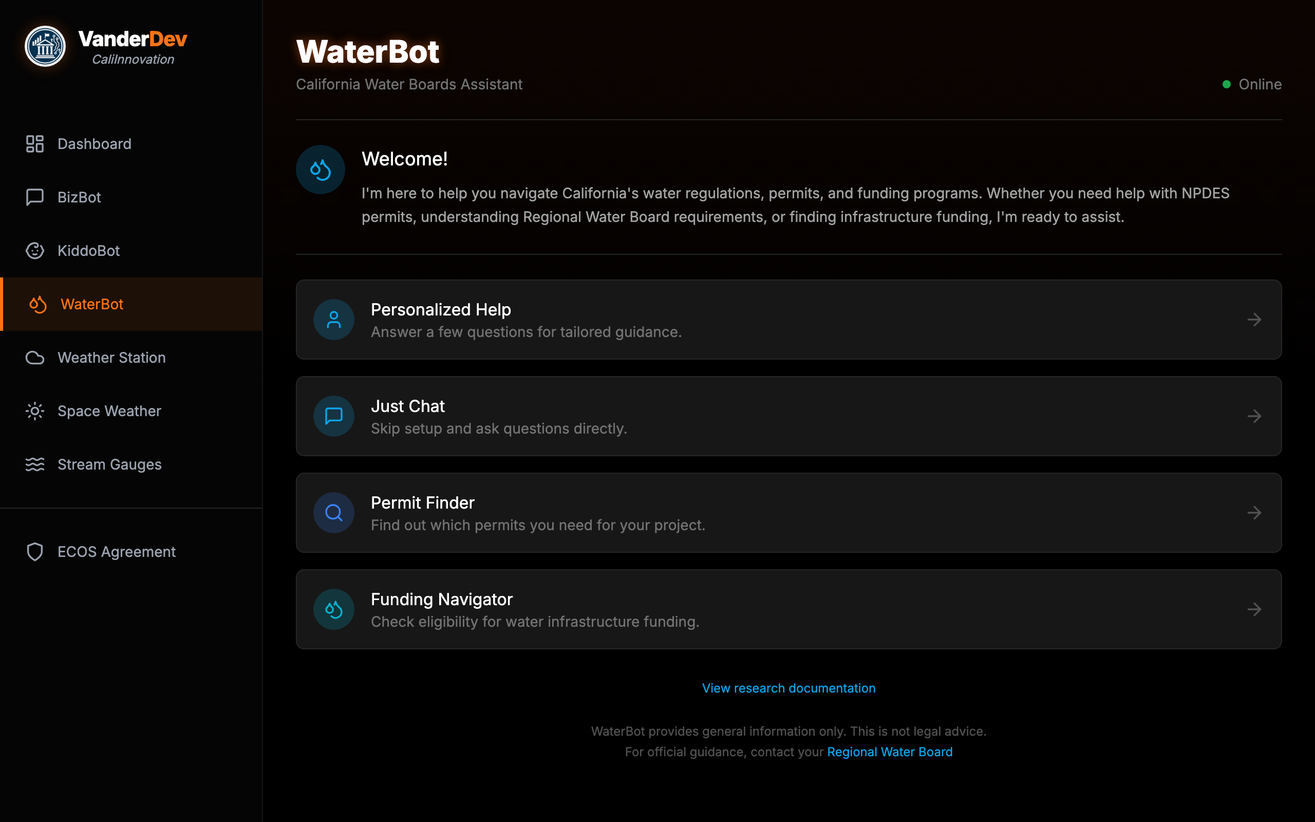 WaterBot mode selector interface