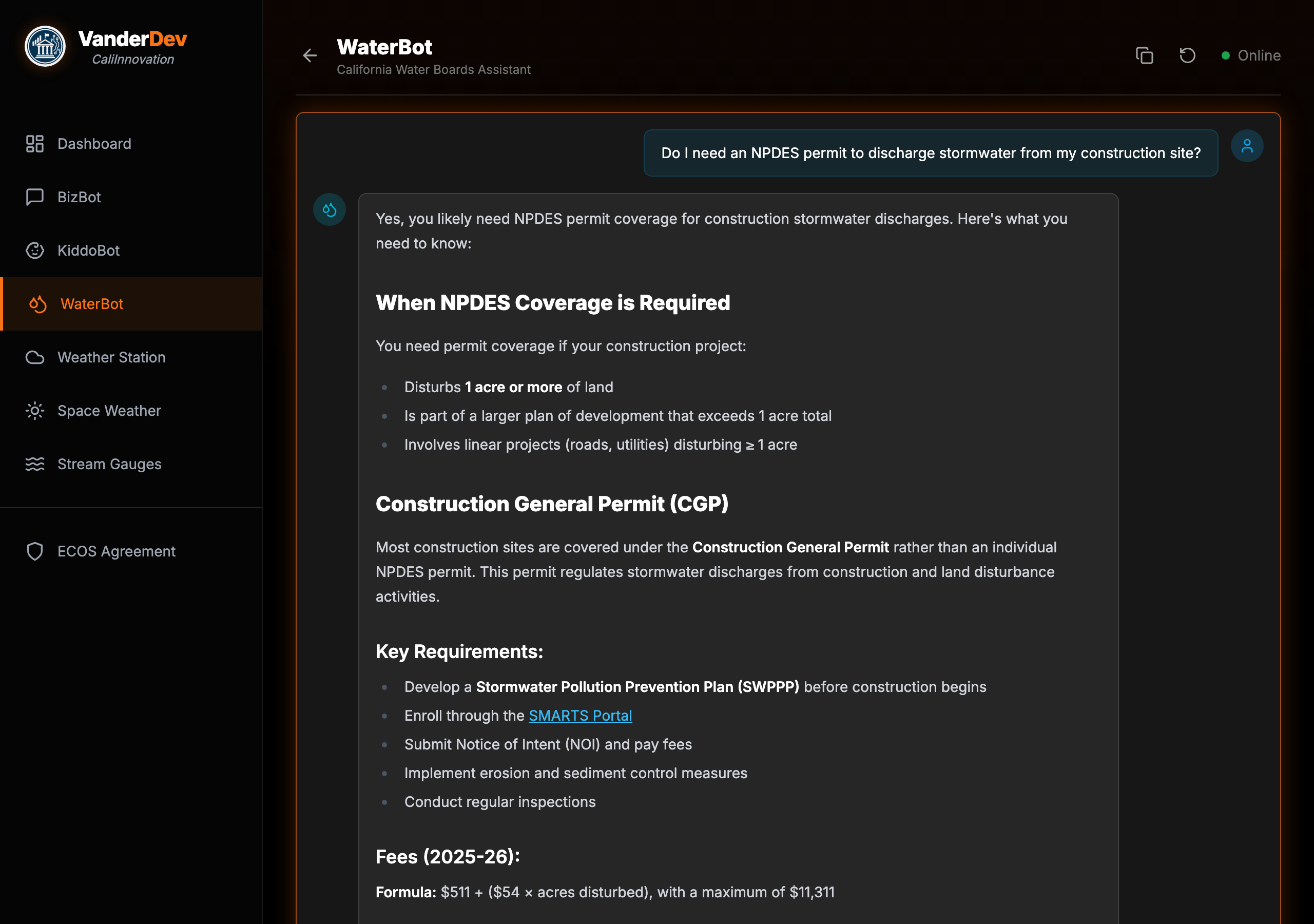 WaterBot responding to NPDES permit question